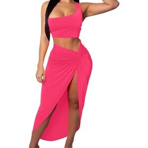 BEAGIMEG Women's Sexy One Shoulder Long Bodycon‎ Slit Skirt 2 Pieces Dress Sz M